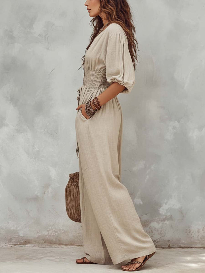 Combinaison en Coton-Lin de Style Boho avec Détails Boutonnés et Taille Smockée