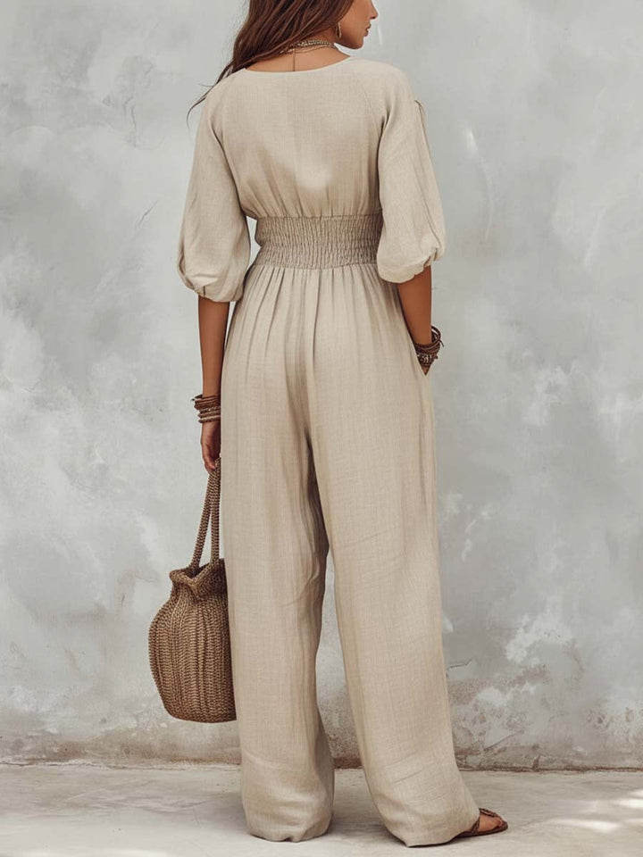 Combinaison en Coton-Lin de Style Boho avec Détails Boutonnés et Taille Smockée