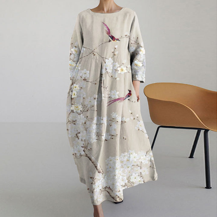Mode Lumiére™ Robe Midi à Manches Longues à Col Rond Fleurie