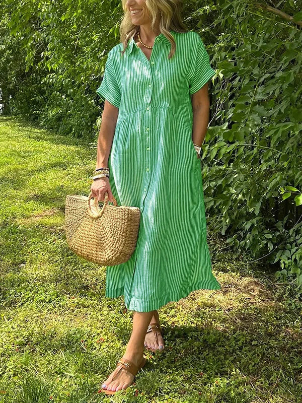 Wendy | Robe Chemise Rayée Lin & Manches Courtes