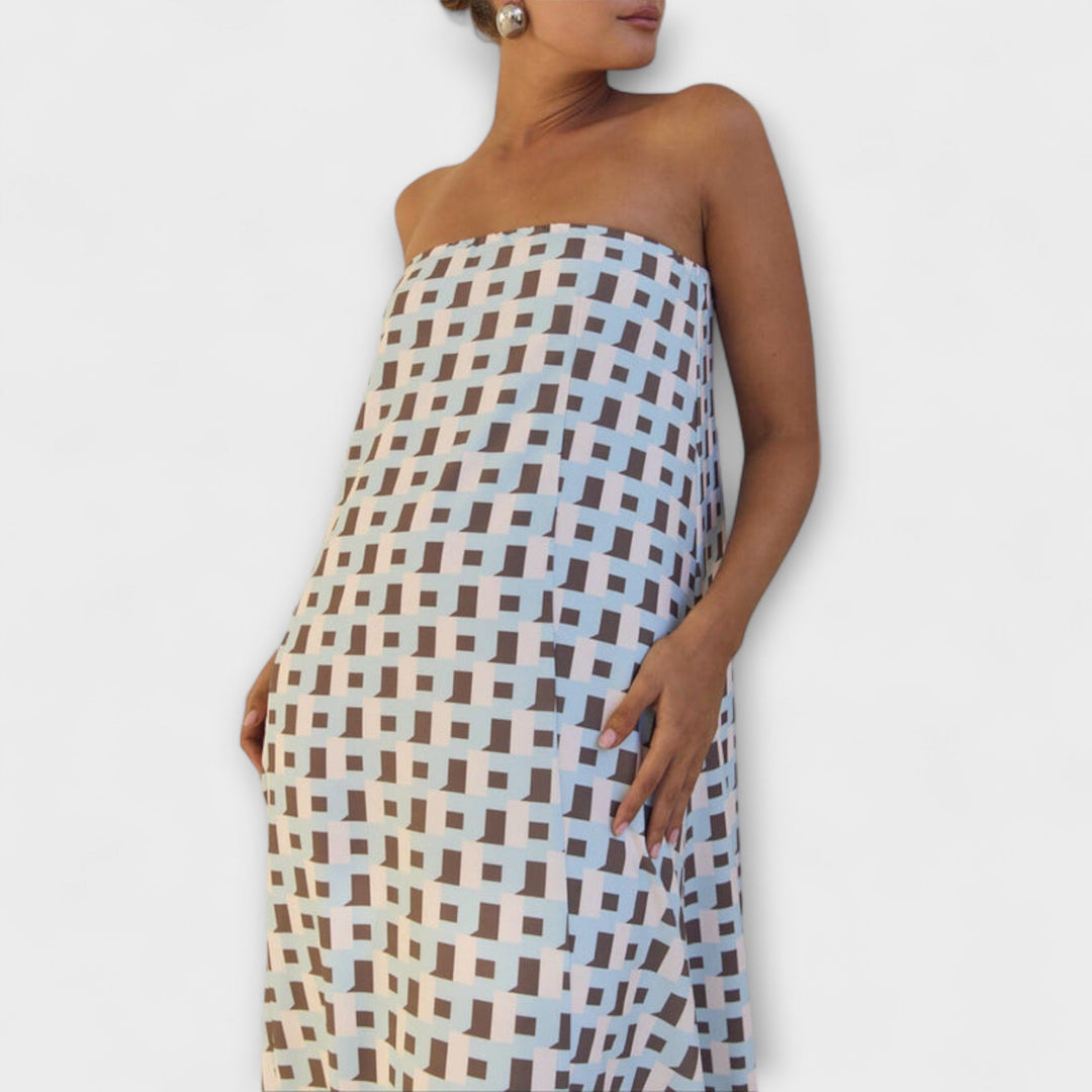 Rjava - Robe maxi géométrique unique avec épaules dénudées