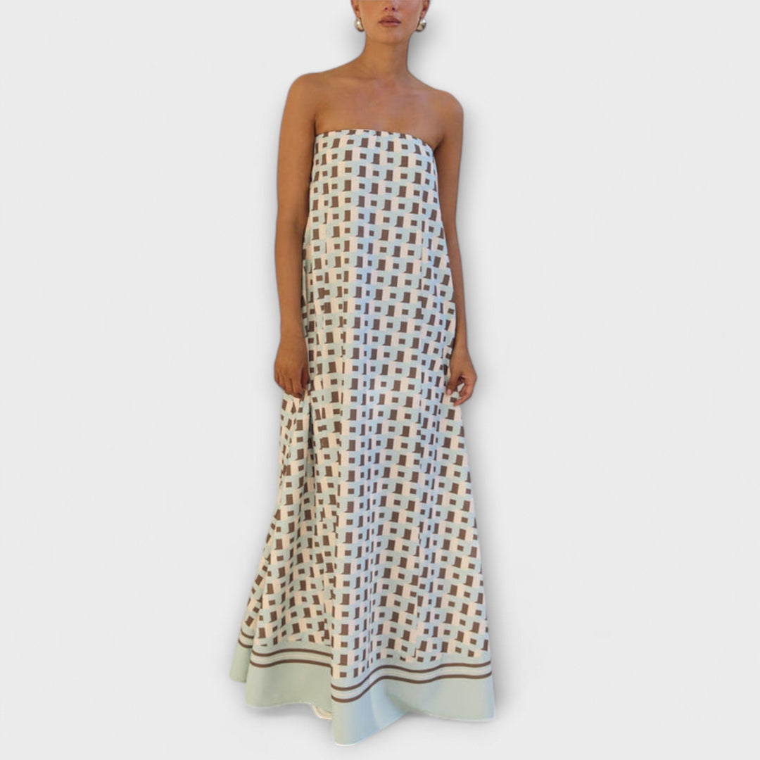 Rjava - Robe maxi géométrique unique avec épaules dénudées