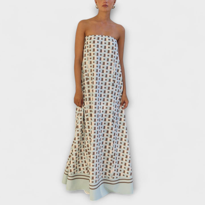 Rjava - Robe maxi géométrique unique avec épaules dénudées