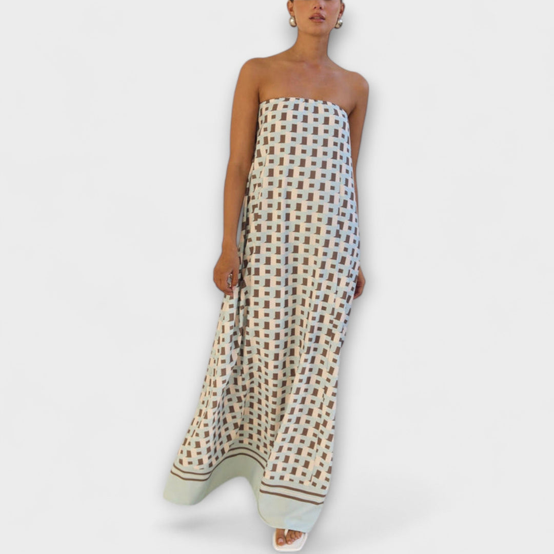 Rjava - Robe maxi géométrique unique avec épaules dénudées