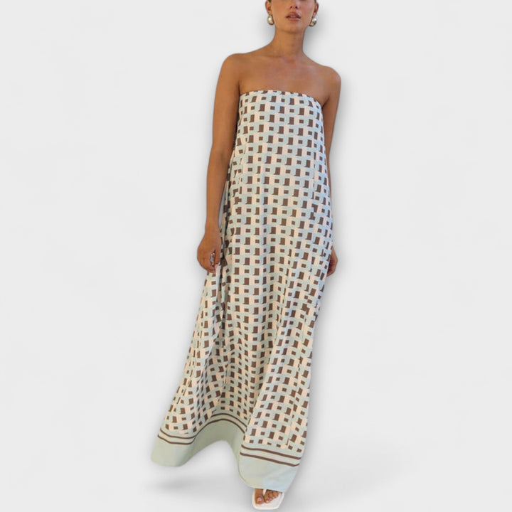 Rjava - Robe maxi géométrique unique avec épaules dénudées