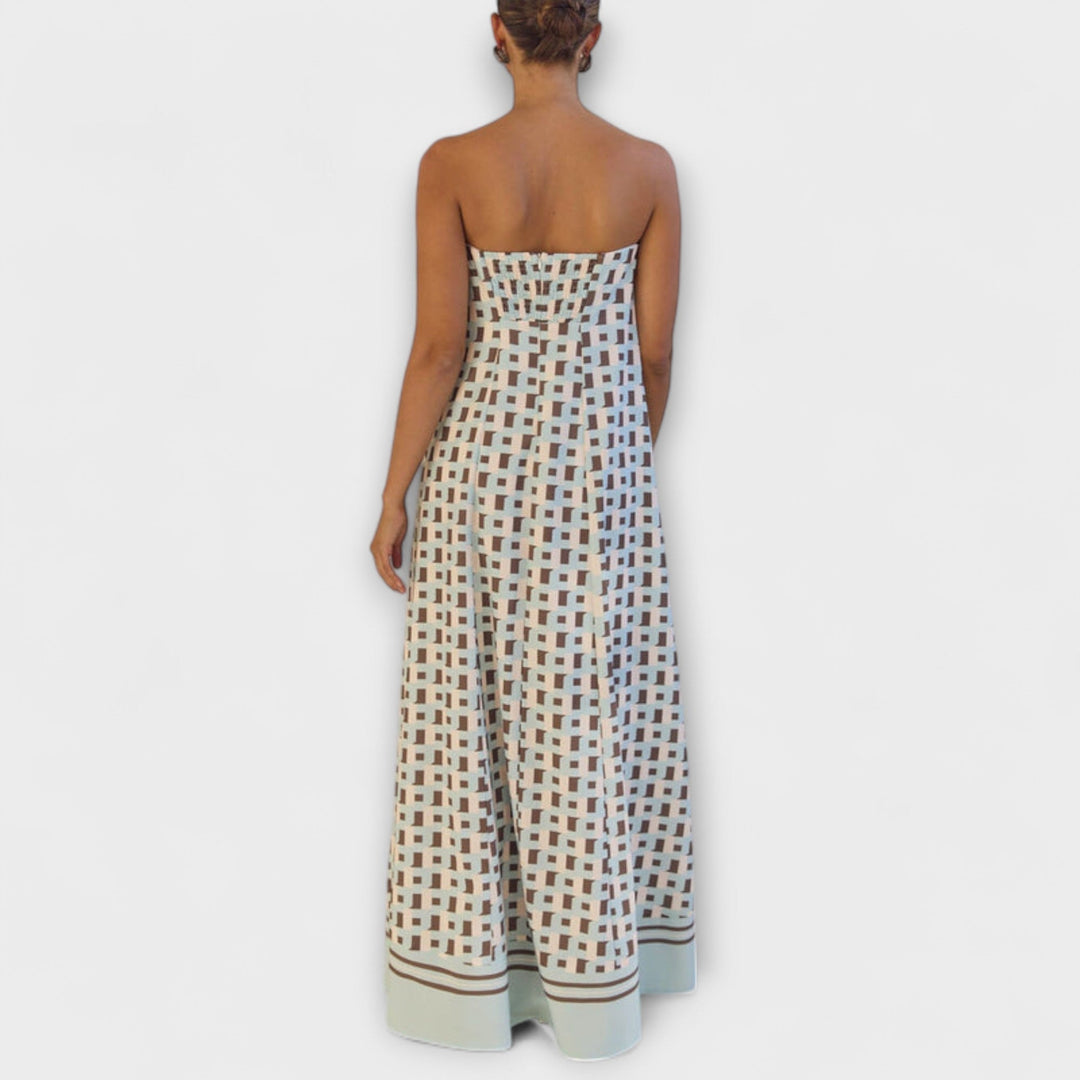 Rjava - Robe maxi géométrique unique avec épaules dénudées