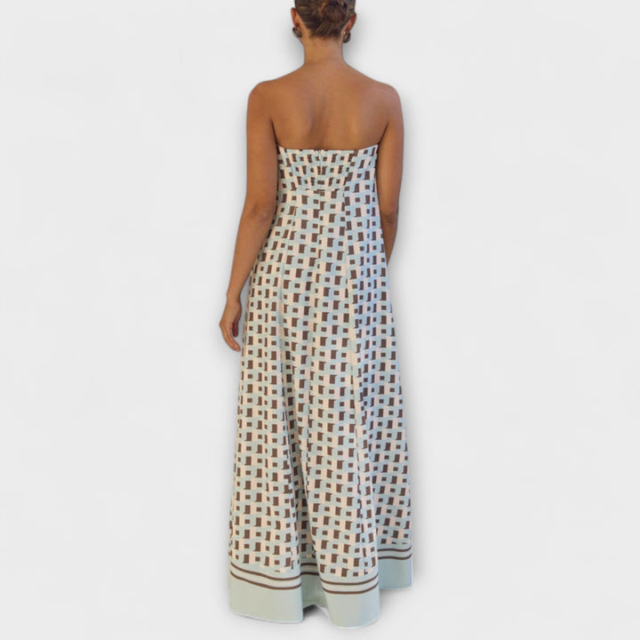 Rjava - Robe maxi géométrique unique avec épaules dénudées