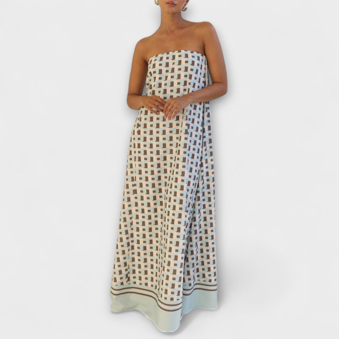 Rjava - Robe maxi géométrique unique avec épaules dénudées
