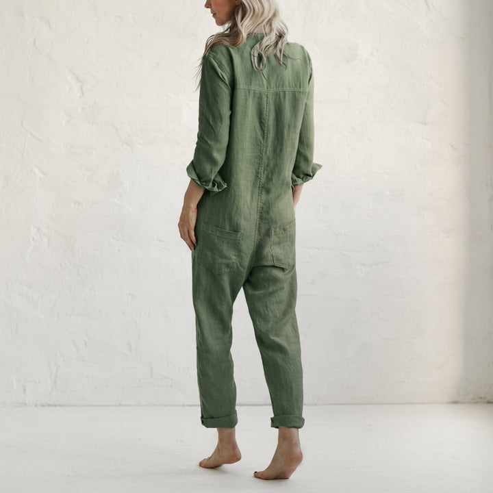 Elvina | Combinaison Lin Boutonnée & Poches Cargo