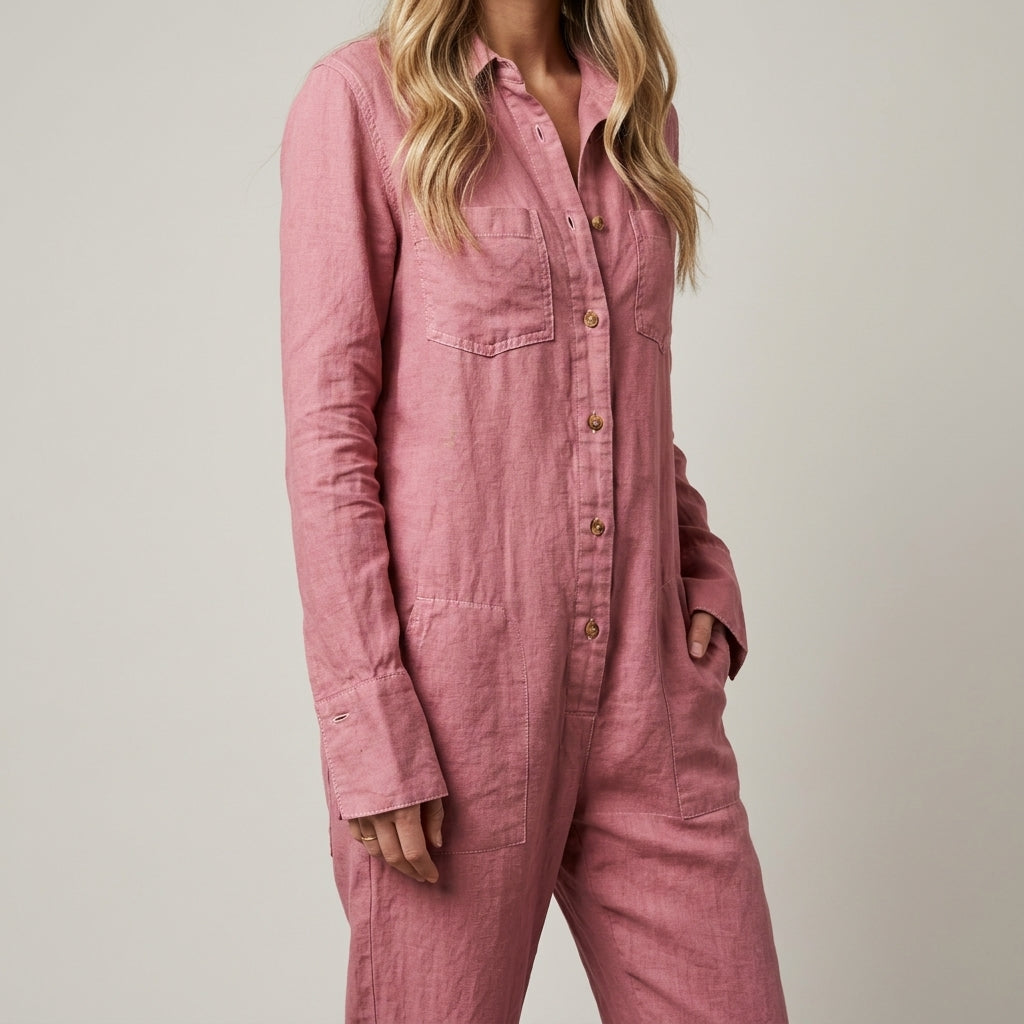 Elvina | Combinaison Lin Boutonnée & Poches Cargo