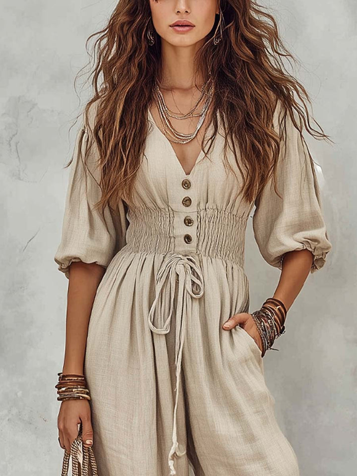 Combinaison en Coton-Lin de Style Boho avec Détails Boutonnés et Taille Smockée