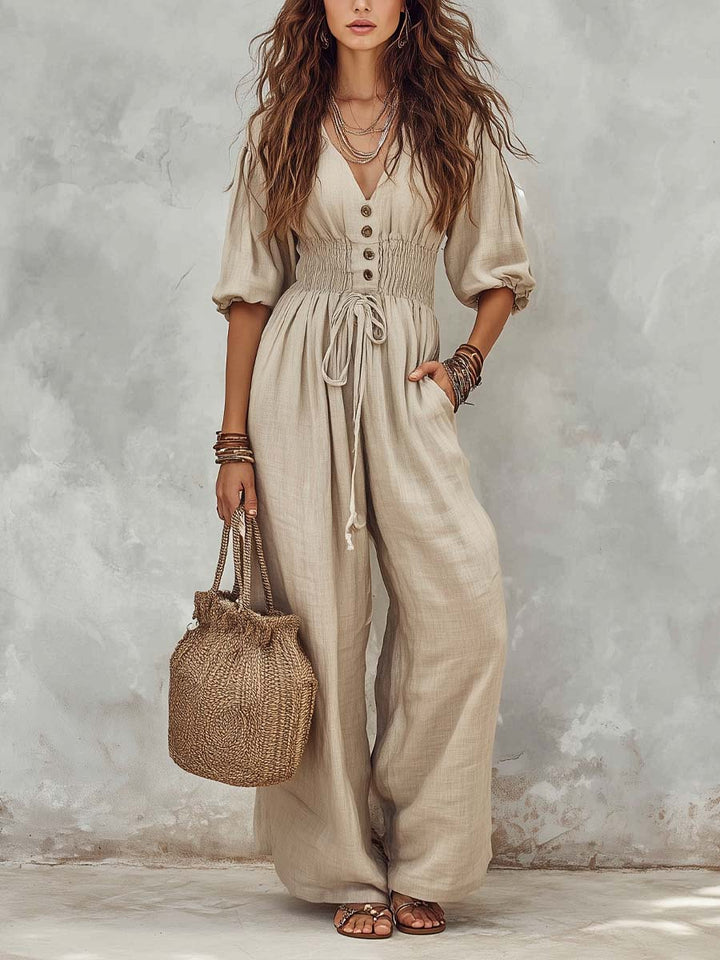 Combinaison en Coton-Lin de Style Boho avec Détails Boutonnés et Taille Smockée