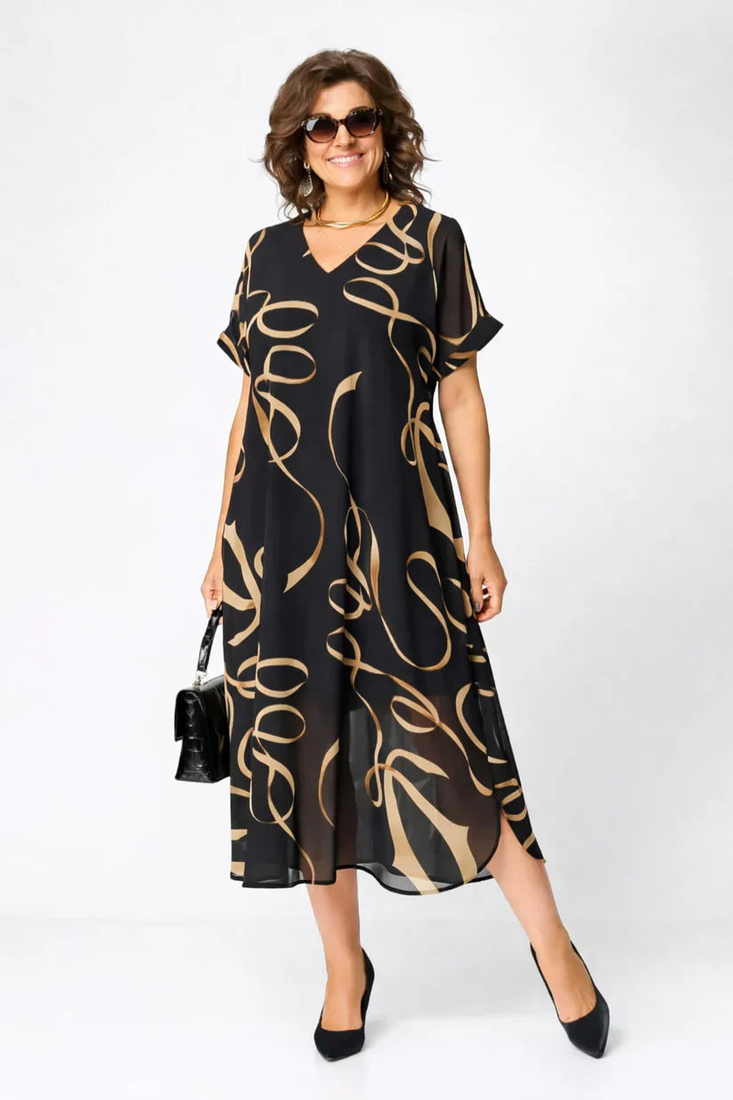 Mode Lumiére™ | Robe Midi Fluide À Motifs Dorés Amélie