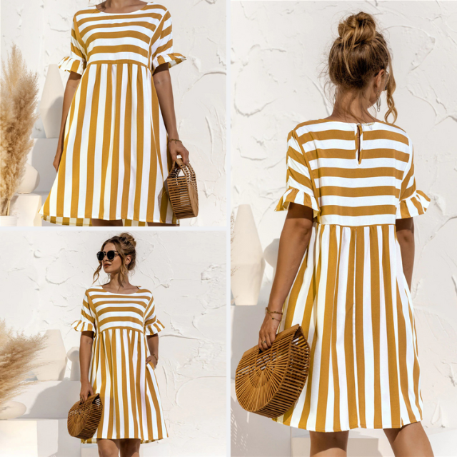 Mode Lumiére™| Robe Courte Rayée Maternité Volants