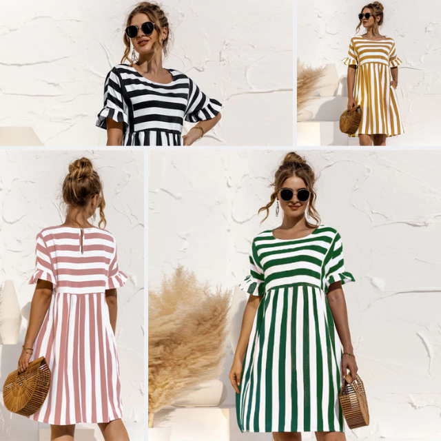 Mode Lumiére™| Robe Courte Rayée Maternité Volants
