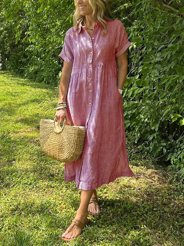 Wendy | Robe Chemise Rayée Lin & Manches Courtes