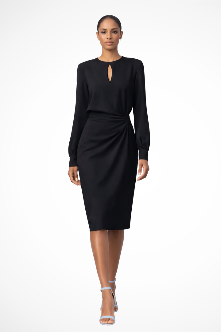 Caliora | Robe Midi Noire Manches Longues & Fronce Latérale