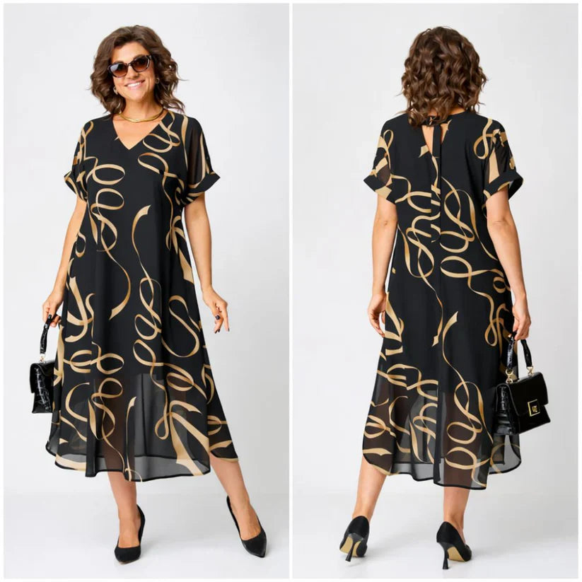 Mode Lumiére™ | Robe Midi Fluide À Motifs Dorés Amélie