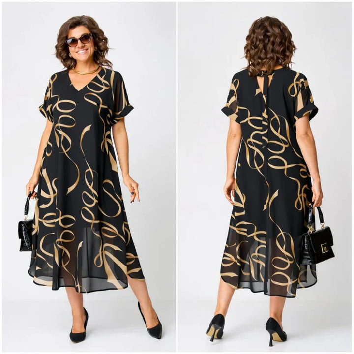 Mode Lumiére™ | Robe Midi Fluide À Motifs Dorés Amélie