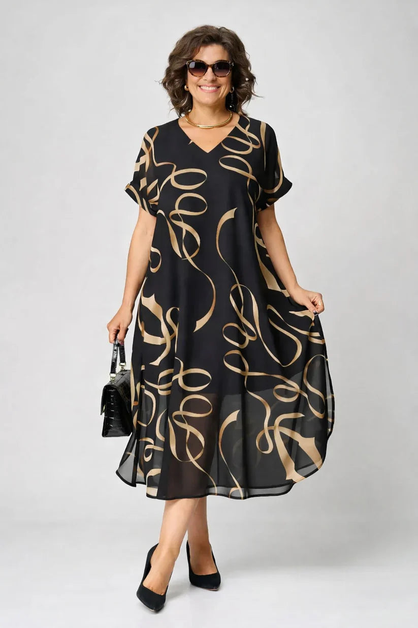 Mode Lumiére™ | Robe Midi Fluide À Motifs Dorés Amélie