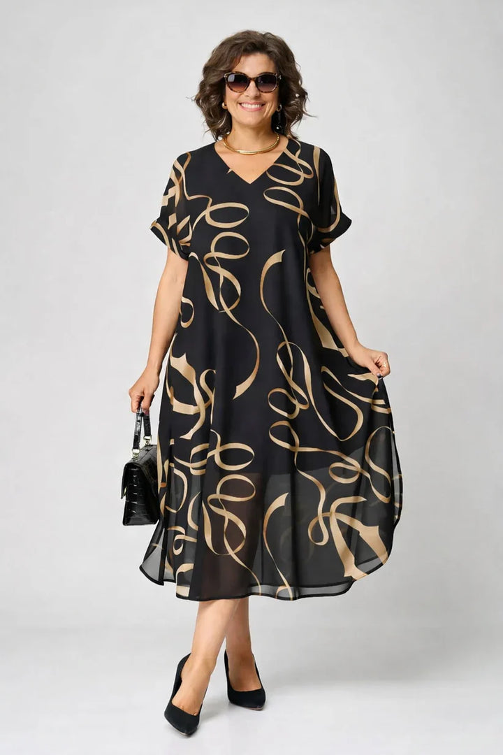 Mode Lumiére™ | Robe Midi Fluide À Motifs Dorés Amélie