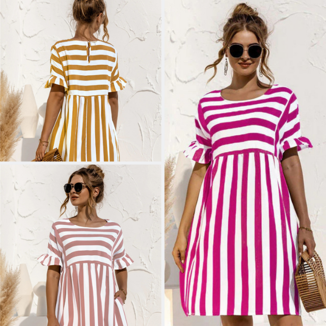 Mode Lumiére™| Robe Courte Rayée Maternité Volants