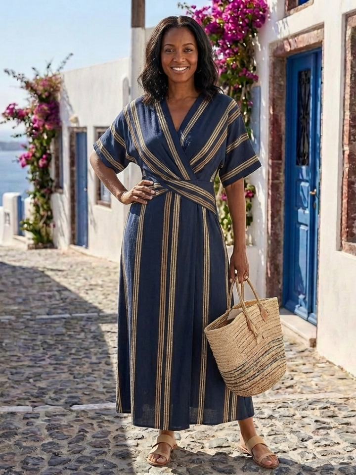 Saphira | Robe midi à rayures à manches courtes et décolleté en V