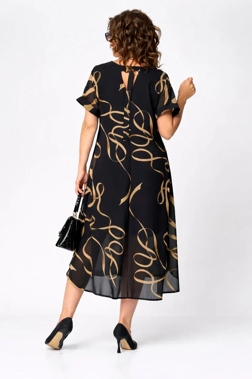 Mode Lumiére™ | Robe Midi Fluide À Motifs Dorés Amélie