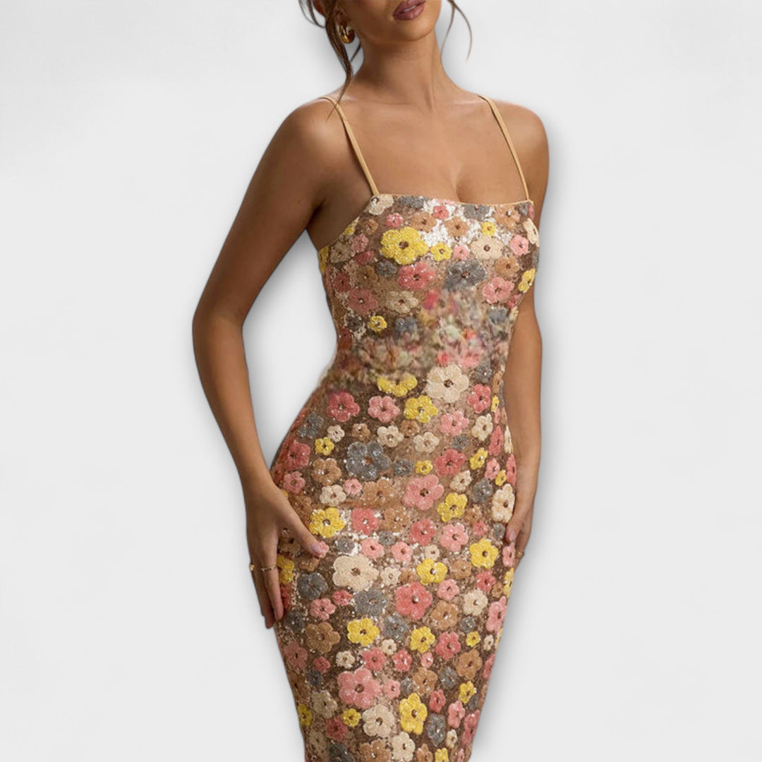 Oakley - Robe Maxi avec Fleurs et Paillettes dans le Style des Années 80