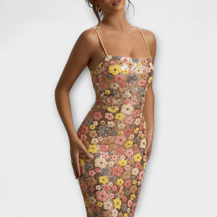 Oakley - Robe Maxi avec Fleurs et Paillettes dans le Style des Années 80