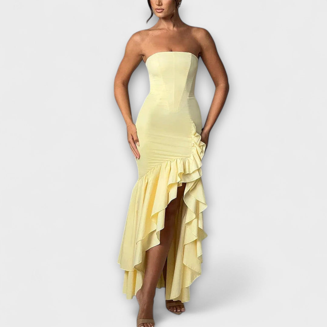 Zuri - Robe maxi à épaules dénudées et ourlet asymétrique