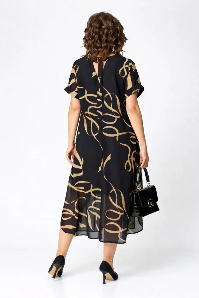 Mode Lumiére™ | Robe Midi Fluide À Motifs Dorés Amélie