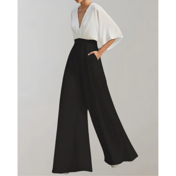 Célia | Combinaison Fluide Col V & Jambes Larges