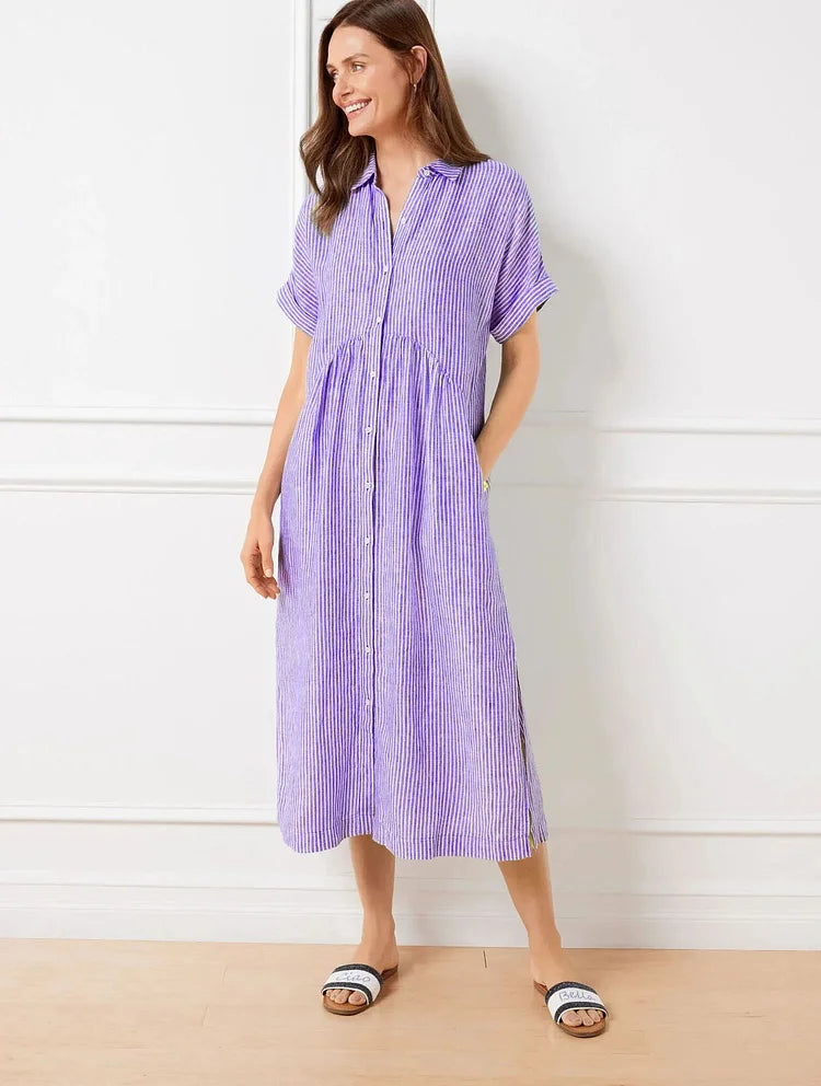 Wendy | Robe Chemise Rayée Lin & Manches Courtes