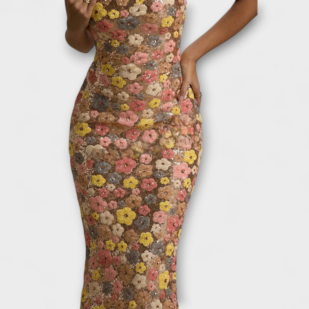 Oakley - Robe Maxi avec Fleurs et Paillettes dans le Style des Années 80