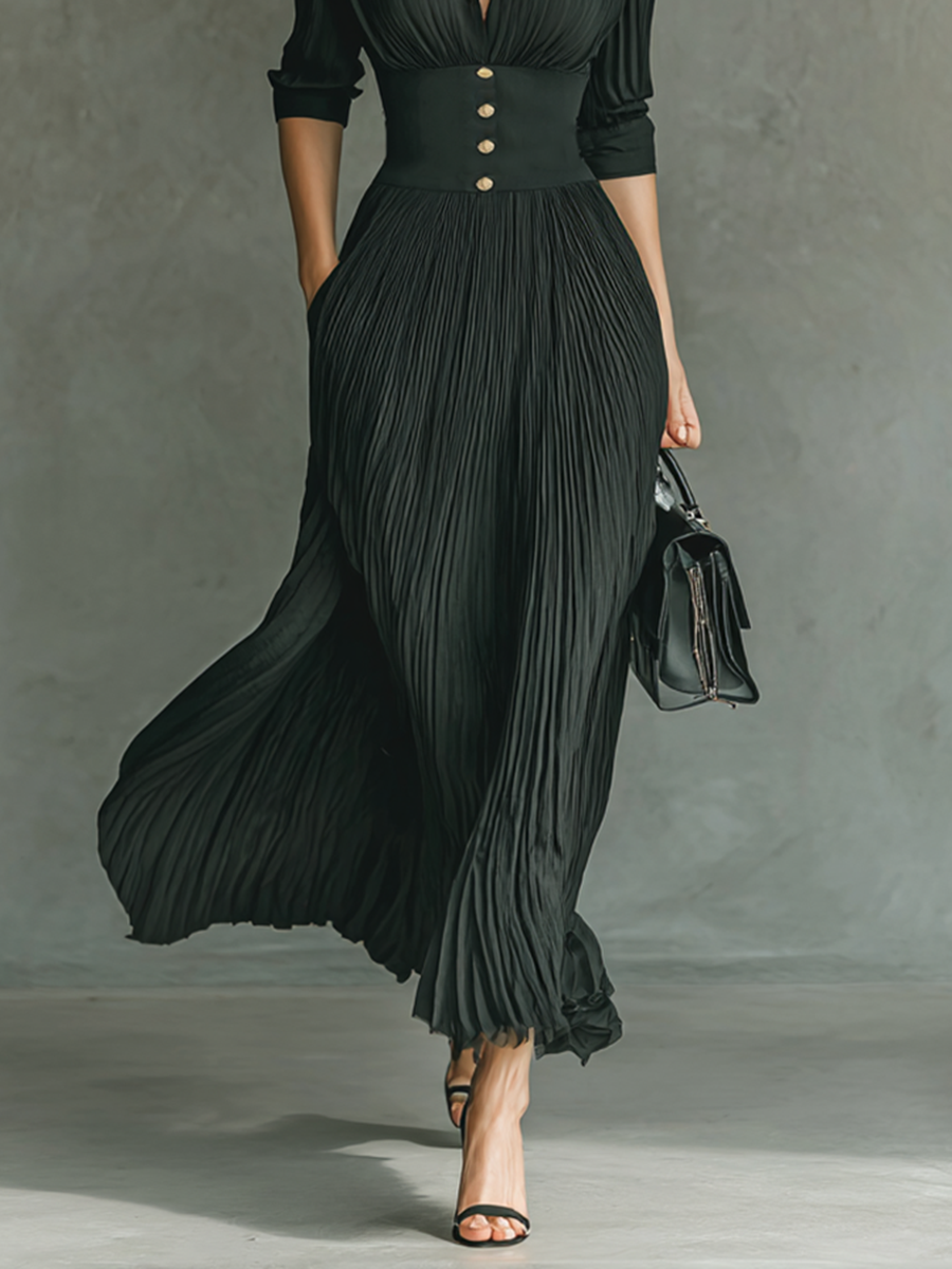 Robe longue plissée de luxe avec ceinture ajustable et col tailleur
