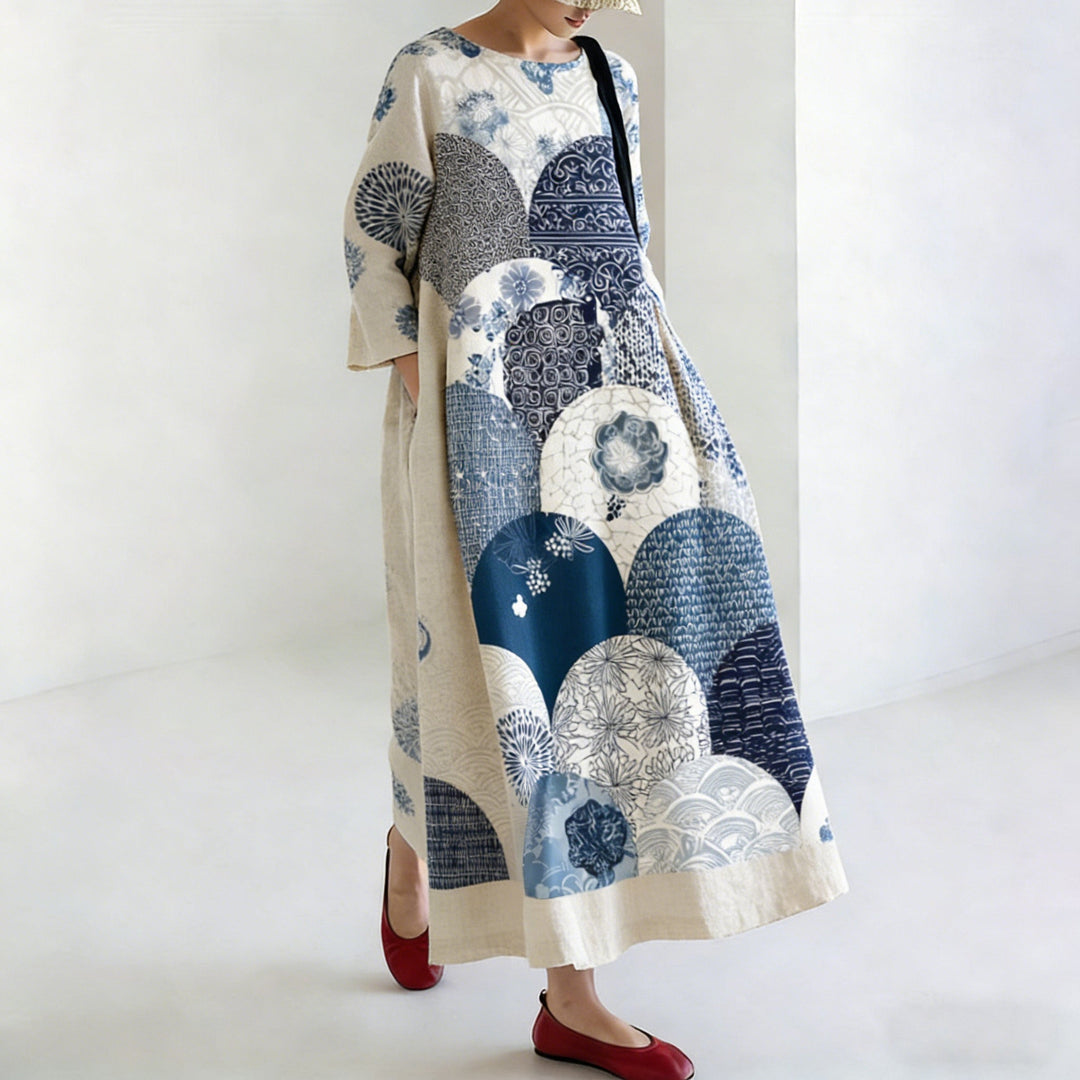 Robe en Lin de Style Japonais pour Femmes avec Motifs Géométriques et Floraux