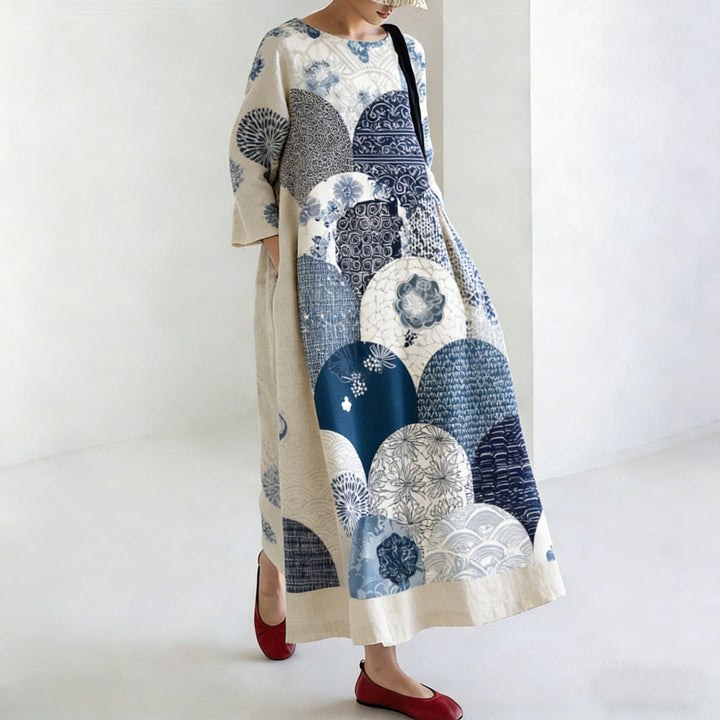 Robe en Lin de Style Japonais pour Femmes avec Motifs Géométriques et Floraux