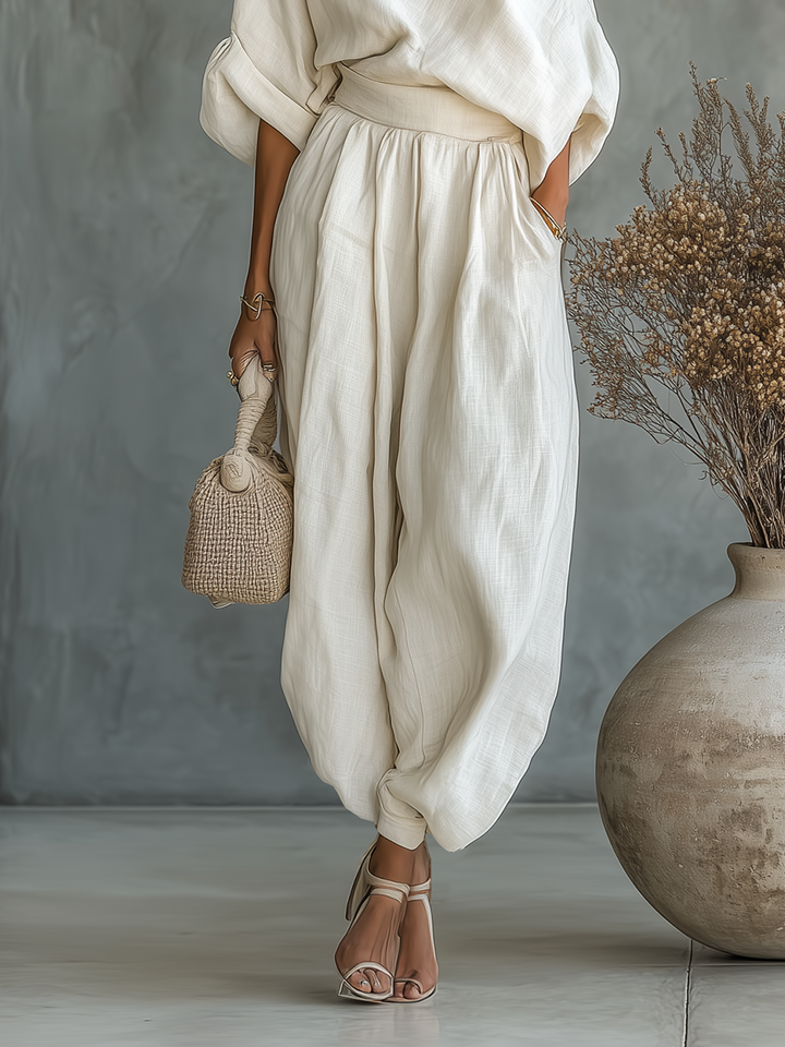 Ella | Ensemble en Lin Blanc Off-Shoulder