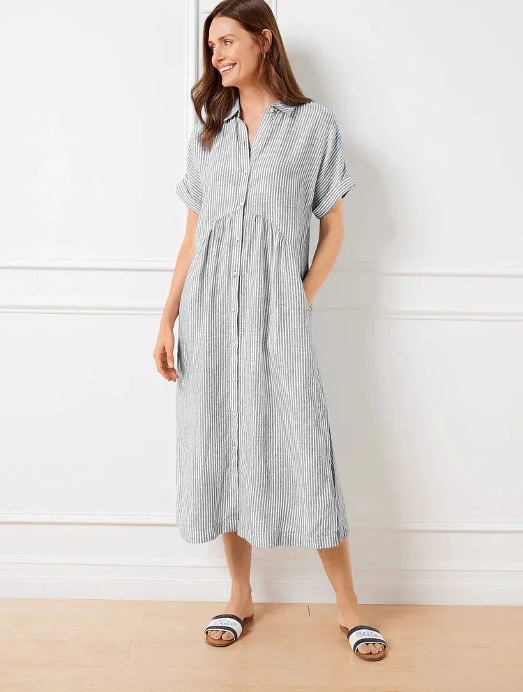 Wendy | Robe Chemise Rayée Lin & Manches Courtes
