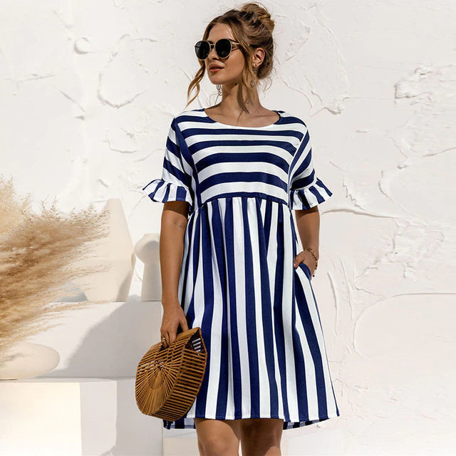 Mode Lumiére™| Robe Courte Rayée Maternité Volants