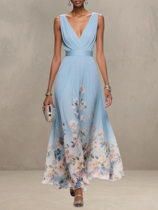 ROSA | ROBE MAXI EN CHIFFON FLORAL À COL V