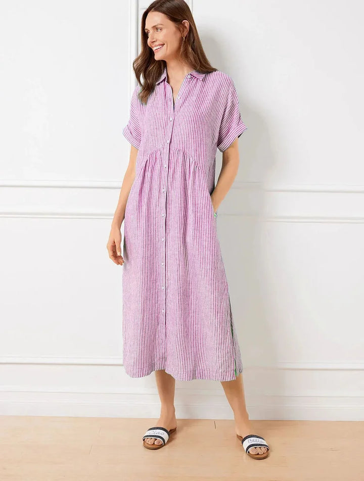 Wendy | Robe Chemise Rayée Lin & Manches Courtes