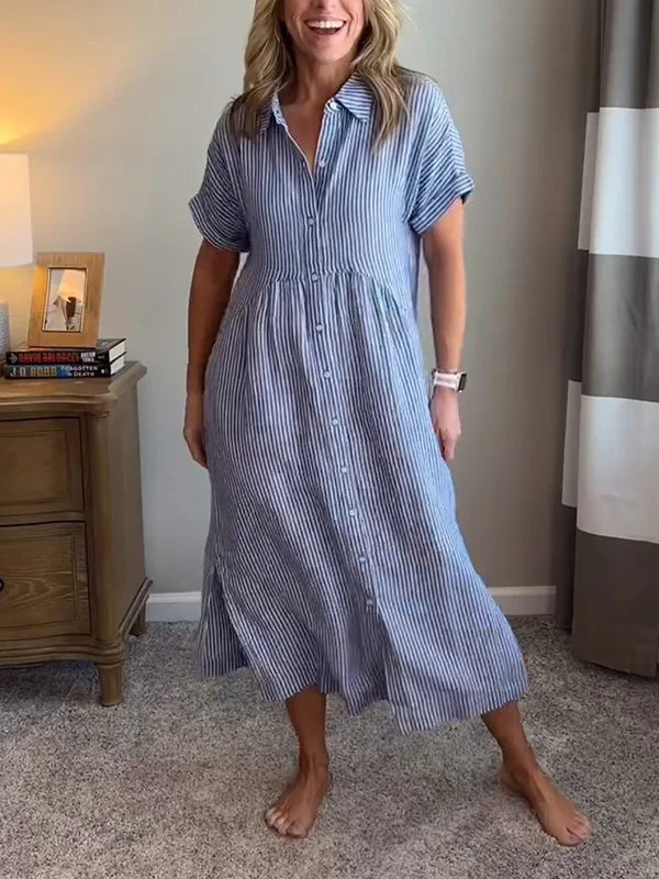 Wendy | Robe Chemise Rayée Lin & Manches Courtes