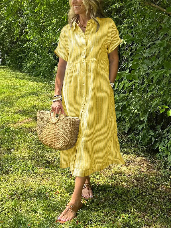 Wendy | Robe Chemise Rayée Lin & Manches Courtes