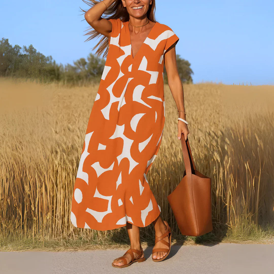 Tatiana | Robe Maxi Imprimé Graphique Col V