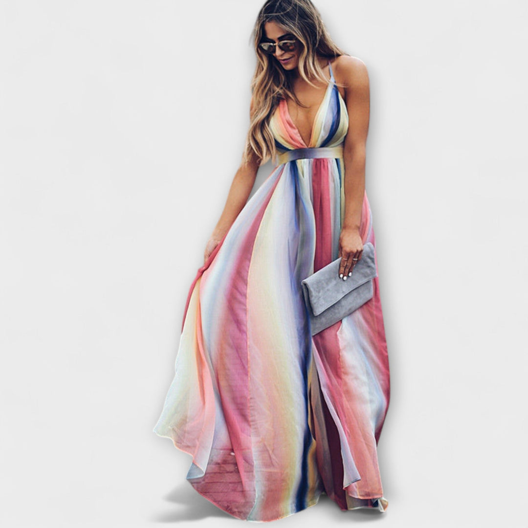 Robe maxi femme multicolore à rayures avec décolleté en V