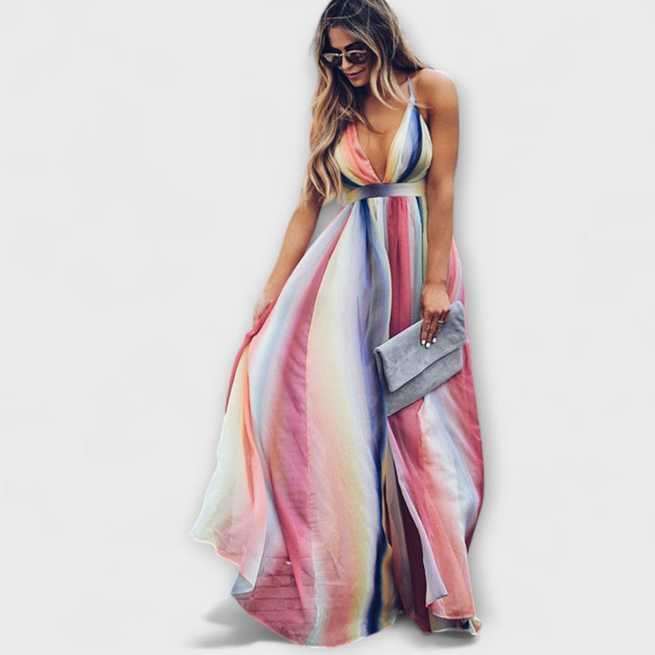 Robe maxi femme multicolore à rayures avec décolleté en V