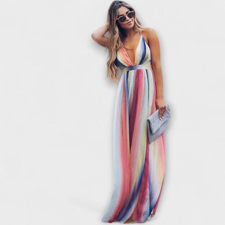 Robe maxi femme multicolore à rayures avec décolleté en V