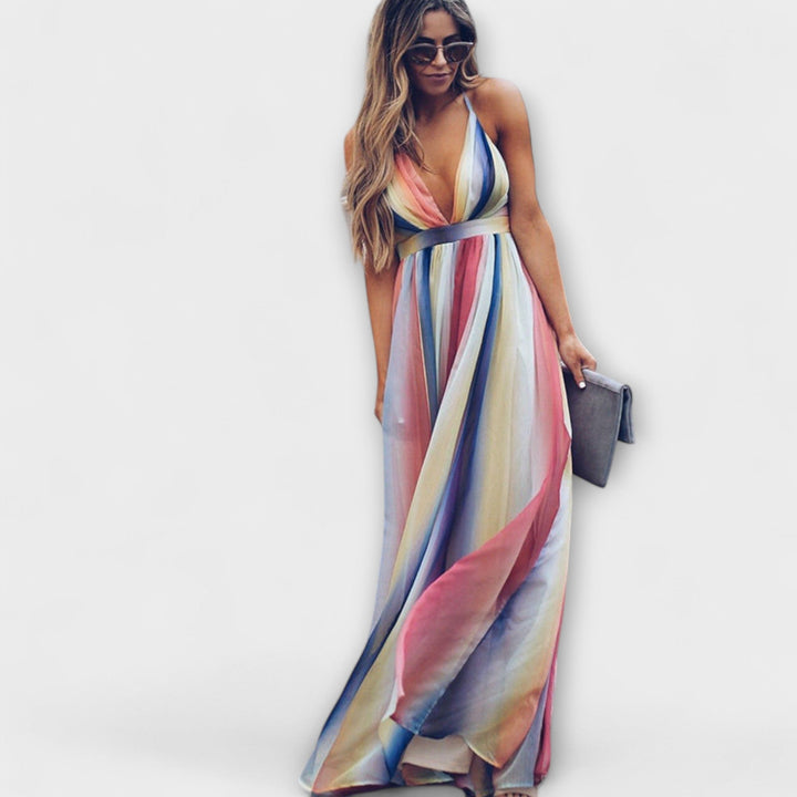 Robe maxi femme multicolore à rayures avec décolleté en V